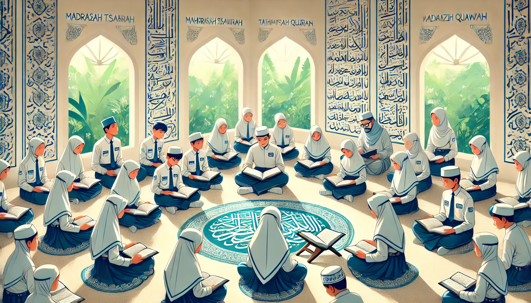 DALL·E 2025-01-03 09.48.06 - An inspiring illustration of Madrasah Tsanawiyah students in uniforms resembling junior high school attire (white shirts and navy blue pants or skirts